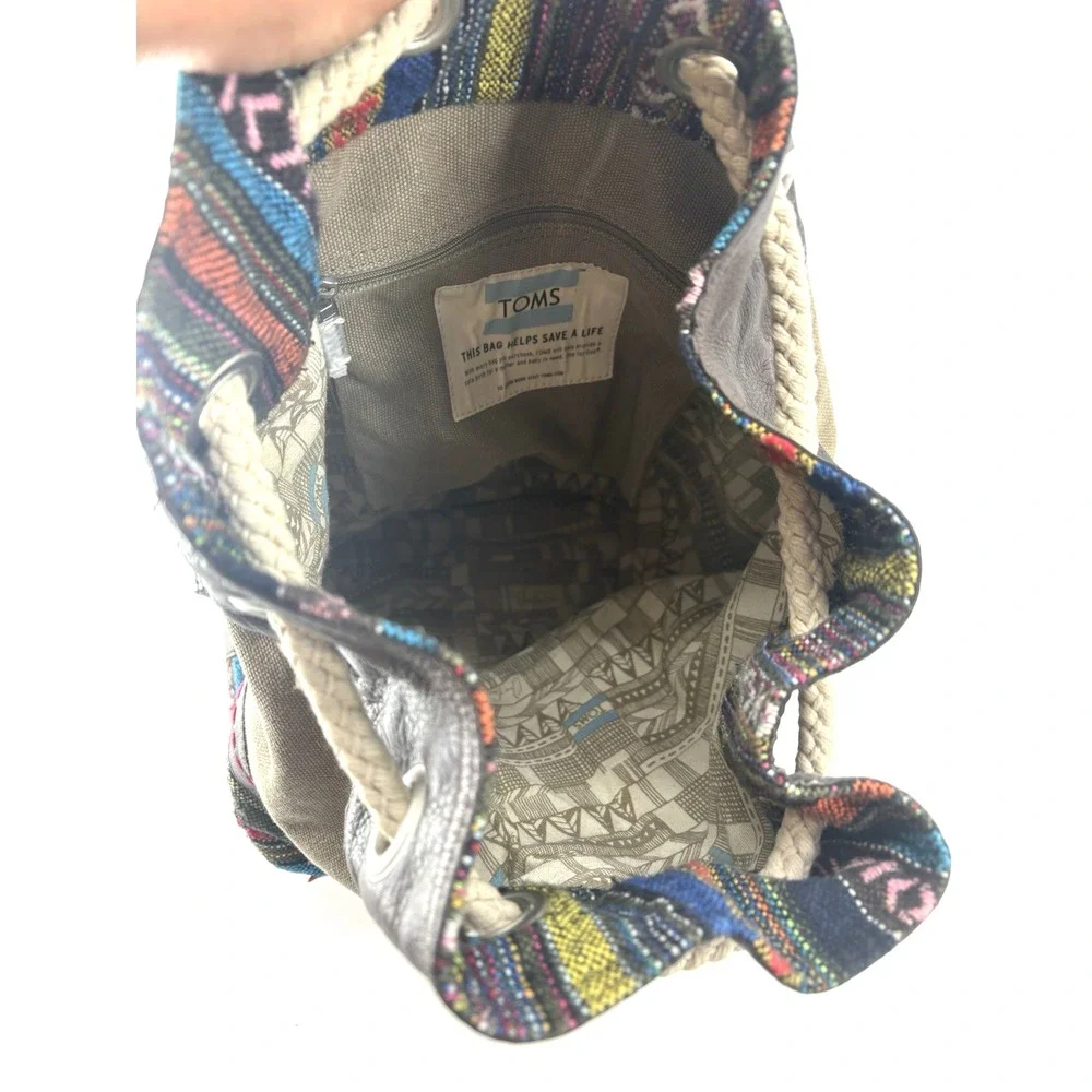 TOMS Canvas Drawstring Pouch Sak Bag Geometric Embroidered Boho Faux Leather
